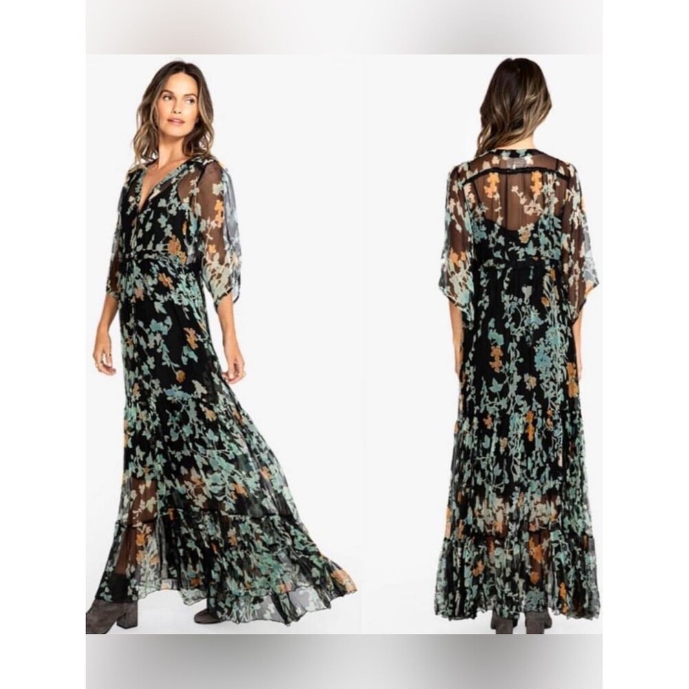 Johnny Was Daphne Black Floral Silk Tiered Maxi Dress Size Small